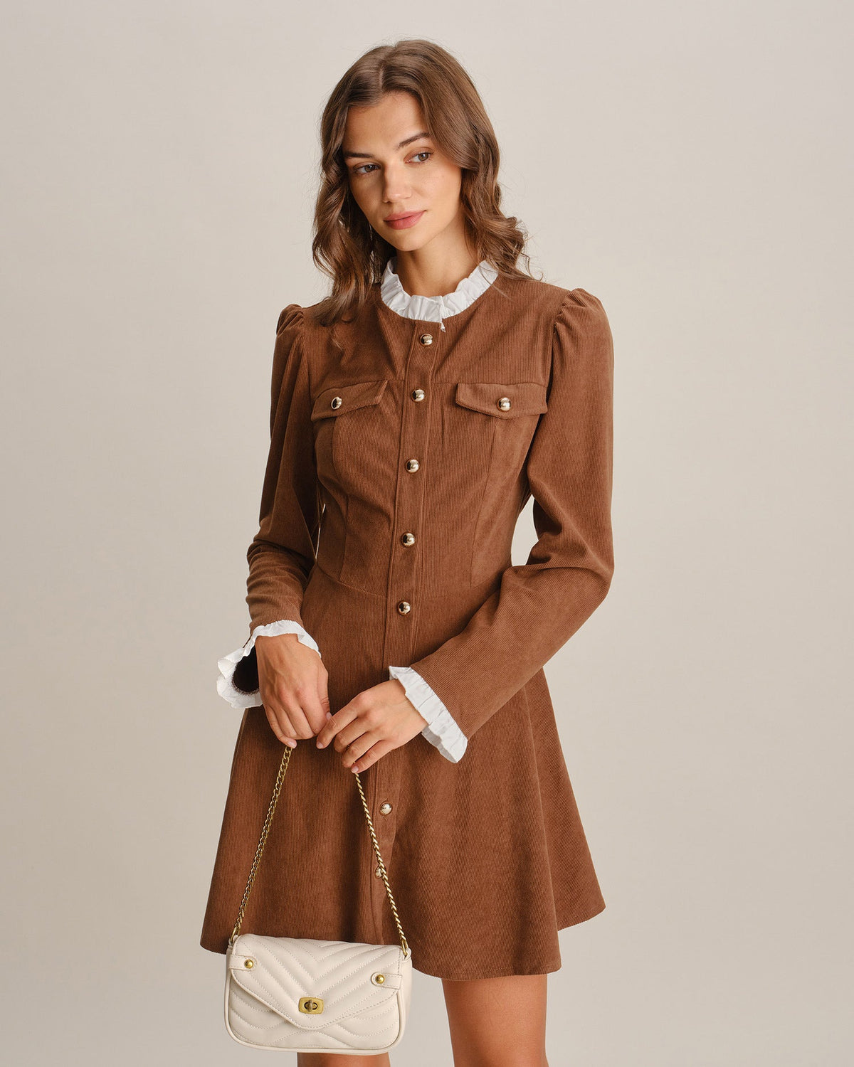Brown Ruffled Contrasting Button Mini Dress