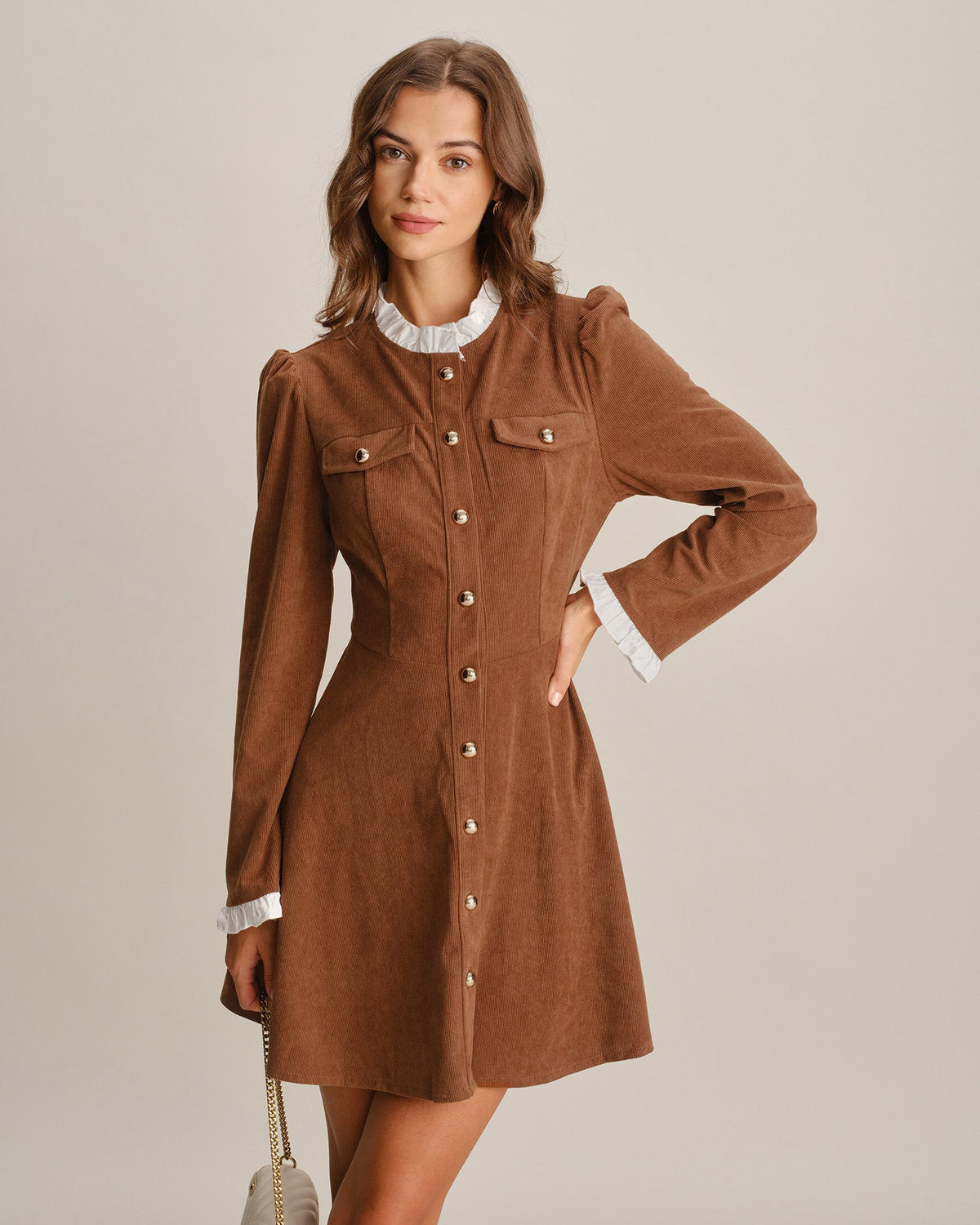 Brown Ruffled Contrasting Button Mini Dress