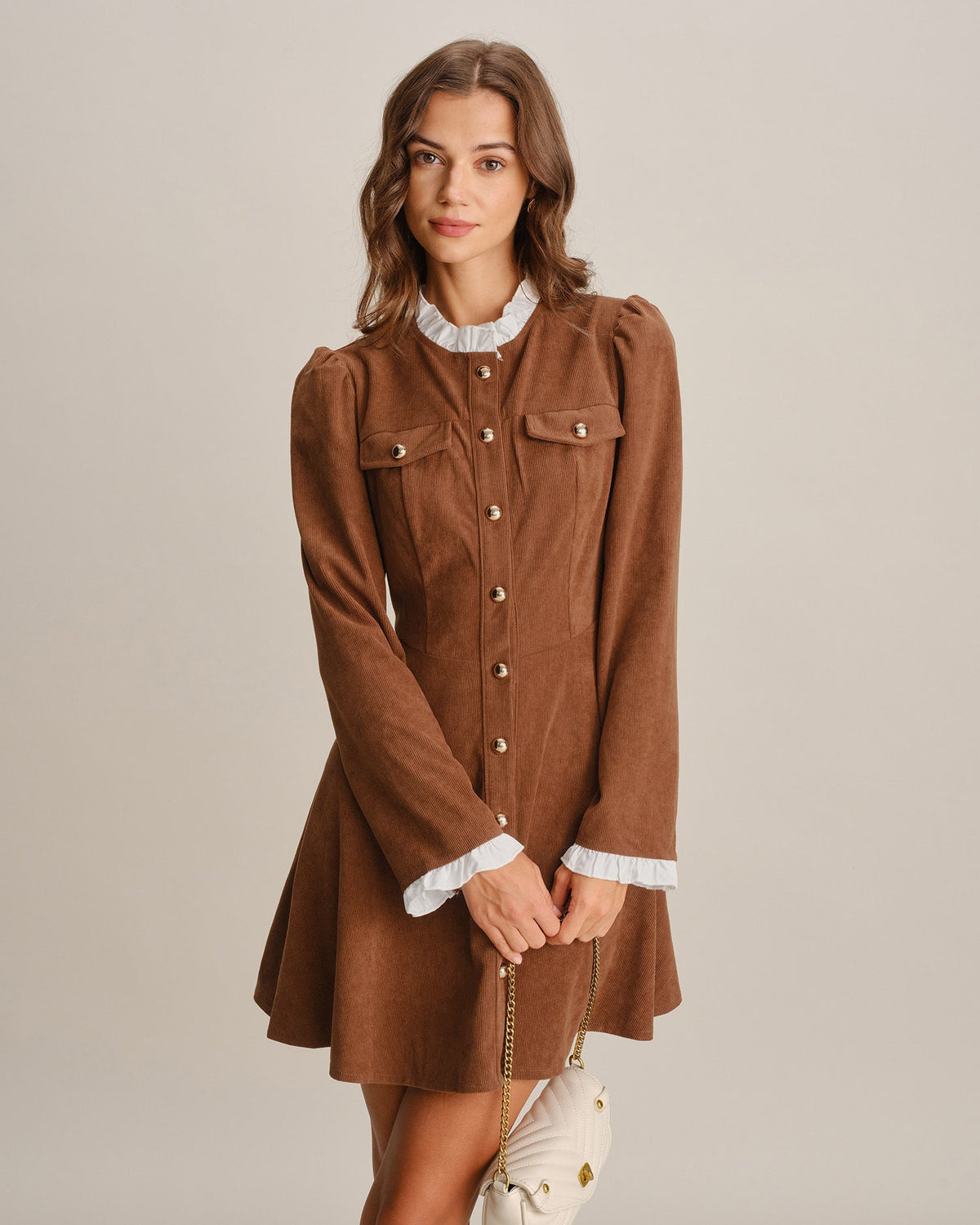 Brown Ruffled Contrasting Button Mini Dress