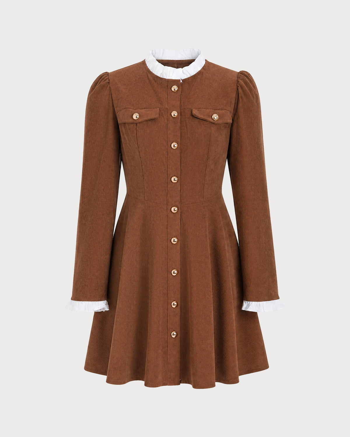 Brown Ruffled Contrasting Button Mini Dress